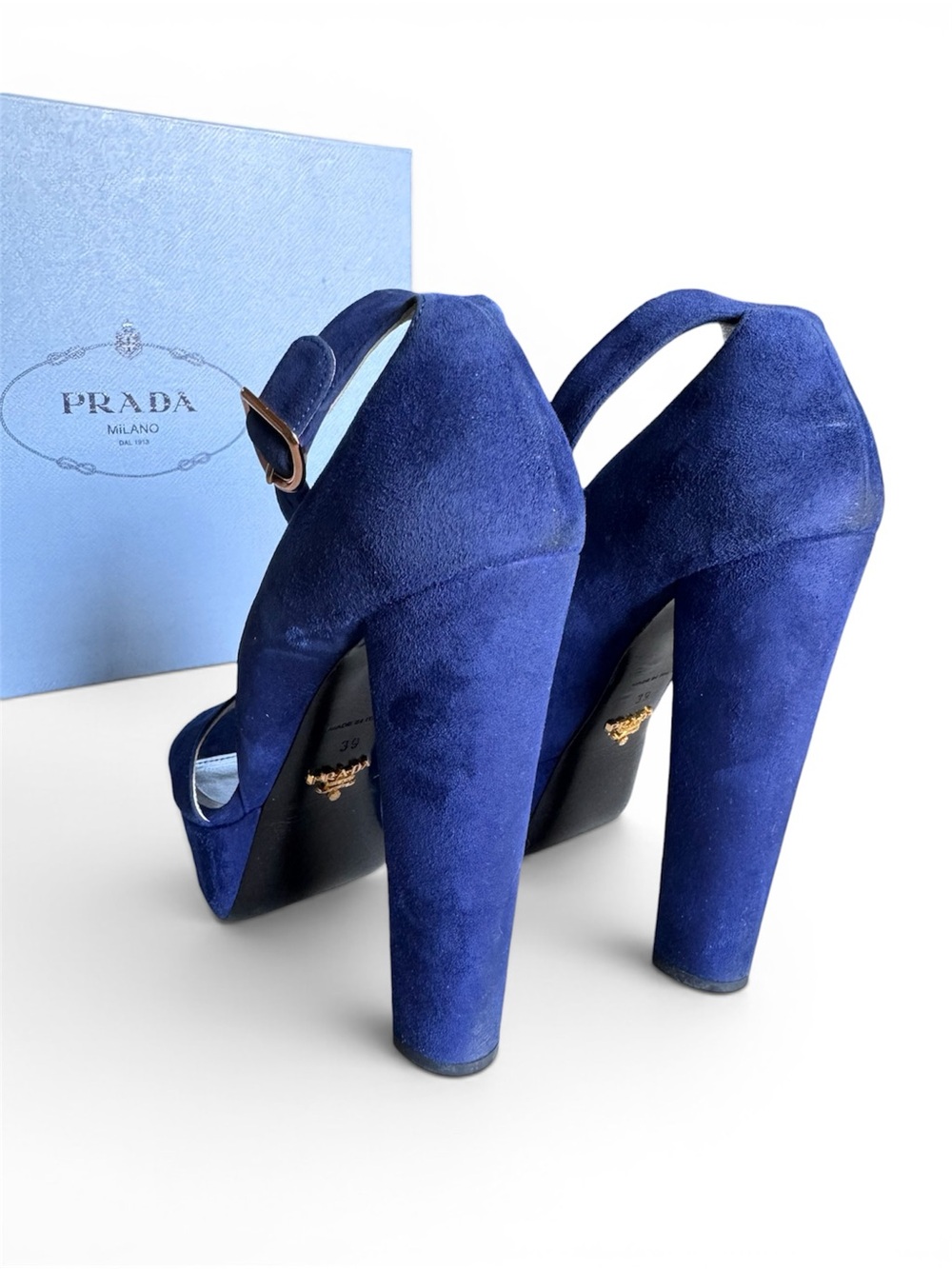 Prada Navy Blue Suede Platform Ankle-Strap Heels - Picture 4 of 7